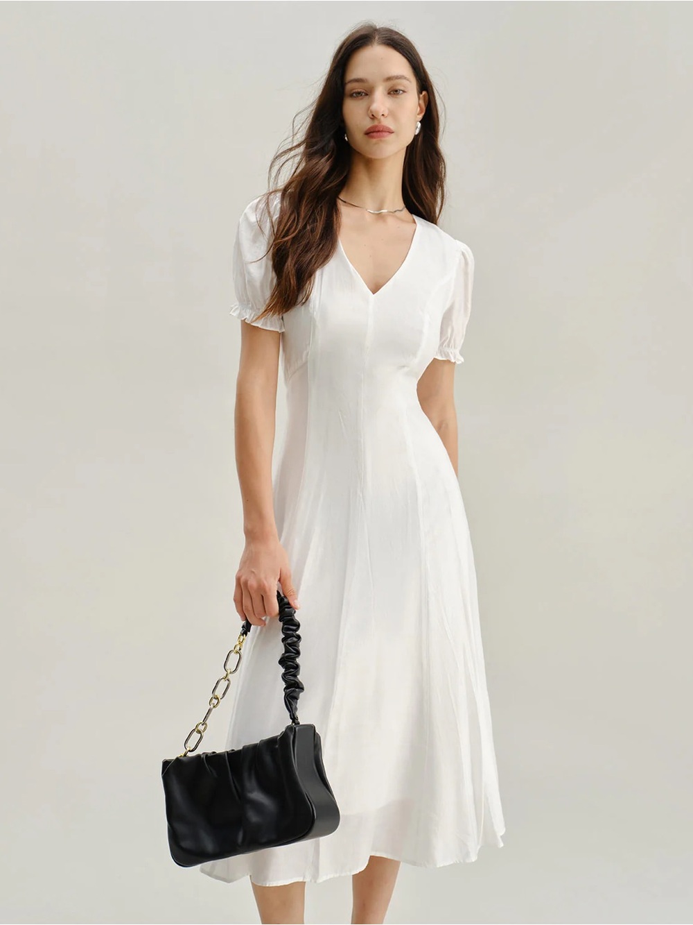 RIHOAS White V‑Neck Midi Dress with Puff Short Sleeves